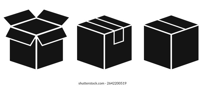 Parcel box vector web icons isolated on white background. Simple flat illustration of 3d isometric containers. Black shapes of outline carton boxes for goods delivery purpose, logistics design element