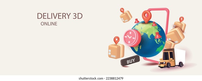 parcel boxe were packed and phone deliver shopping online sale store vector application blue transportation 3d isolated and map pin