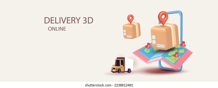 parcel boxe were packed and phone deliver shopping online sale store vector application blue transportation 3d isolated and map pin