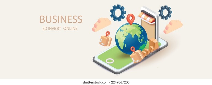 parcel boxe were packed and phone deliver shopping online sale store vector application blue transportation 3d isolated and map pin