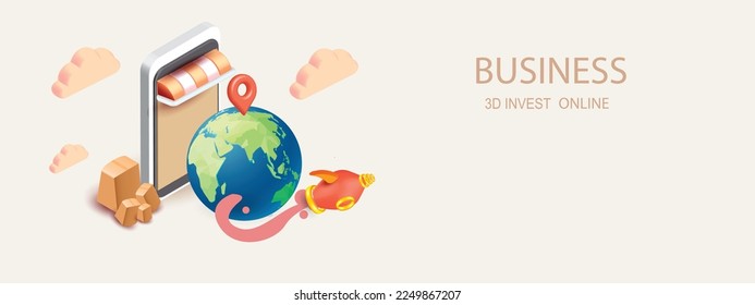 parcel boxe were packed and phone deliver shopping online sale store vector application blue transportation 3d isolated and map pin