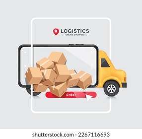 Parcel boxes or cardboard box stacked on top of each other all displayed on smartphone screen that resembles truck and there is an order button at bottom,vector for logistics,delivery,online shopping