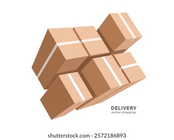 Parcel boxes or cardboard boxes are brown and floating in mid-air for use in designing advertisements for delivery or online shopping, vector 3d illustration isolated on white background