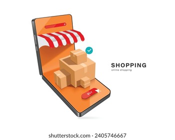 cajas de paquetes o cajas de cartón, botón de compra, confirmar lugar de icono en tienda o tienda de smartphones plegables, vector 3d aislado en fondo blanco para la entrega, compras en línea, diseño de concepto de comercio electrónico