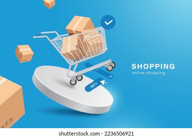 Parcel boxes or cardboard float into shopping cart and have an order confirm pop-up icon next to them and all float above buy icon,search bar and round white podium,vector 3d for shopping design