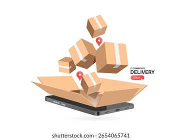 Las cajas de paquete o cajas de cartón están flotando en el aire con pines que indican la ubicación de entrega a los Clientes, todo en la pantalla del teléfono inteligente, Vector 3D aislado para el comercio electrónico, entrega, compras en línea