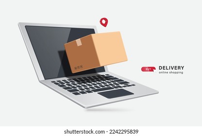 parcel boxes or cardboard boxes floating out of the notebook computer screen with a red pin indicating the delivery location,vector 3d isolated for logistics,delivery,online shopping concept design