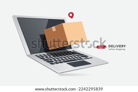 parcel boxes or cardboard boxes floating out of the notebook computer screen with a red pin indicating the delivery location,vector 3d isolated for logistics,delivery,online shopping concept design