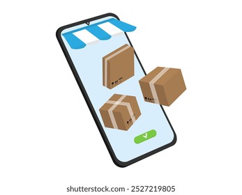 Parcel boxes or cardboard boxes flying out of smartphone after checkout. Online shopping concept of online shopping in online store in mobile app, or website, delivery logistics. Vector isometric 3d