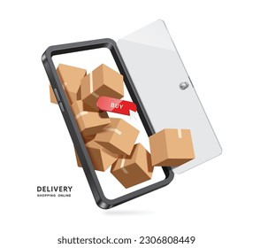 cajas de paquetes o cajas de cartón apiladas delante de una puerta o de una abertura de smartphone después de que el cliente pulse el botón de pedido de compra, vector 3d aislado para logística, comercio electrónico, entrega, concepto de compra en línea