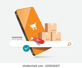 cajas de paquetes o cajas de cartón, barra de búsqueda, icono de compra, icono de confirmación y pantalla frontal del smartphone, vector 3d aislado en el fondo blanco para comercio electrónico, entrega y concepto de compra en línea