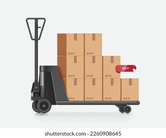 Las cajas de paquetes o las cajas de cartón se apilan unas encima de otras y todas se colocan en el carro hidráulico utilizado en almacén, vector 3d aislado para logística, entrega,diseño de concepto de comercio electrónico