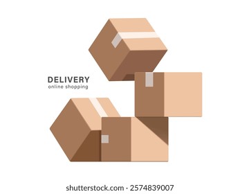 Parcel boxes or cardboard boxes are stacked one on top of the other for delivery or online shopping advertising design, vector 3d illustration isolated on white background