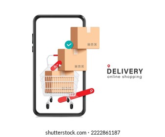 Parcel boxes or cardboard boxes are stacked three layers in a shopping cart and all object display on a smartphone screen,vector 3d isolated for delivery,transport and online shopping concept design