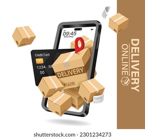 
Parcel boxes and credit cards are coming out of the phone.Conveys fast delivery.Phone with APP parcel delivery. Brown boxes with shadow and mobile. Fast shipping.Concept vector illustration.