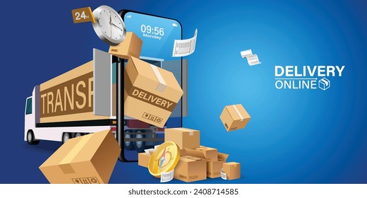 Parcel boxes and credit cards are coming out of the phone.Conveys fast delivery.Phone with APP parcel delivery. Brown boxes with shadow and mobile. Fast shipping.Concept vector illustration.