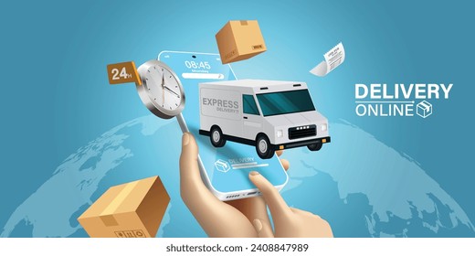 Parcel boxes and credit cards are coming out of the phone.Conveys fast delivery.Phone with APP parcel delivery. Brown boxes with shadow and mobile. Fast shipping.Concept vector illustration.