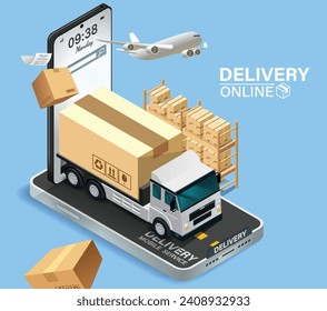 Parcel boxes and credit cards are coming out of the phone.Conveys fast delivery.Phone with APP parcel delivery. Brown boxes with shadow and mobile. Fast shipping.Concept vector illustration.