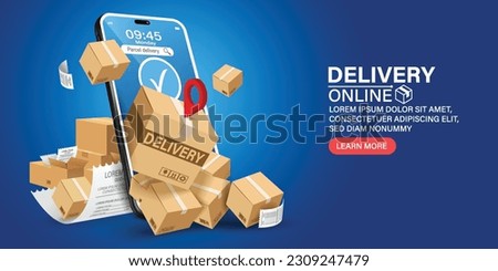 Parcel boxes and credit cards are coming out of the phone.Conveys fast delivery.Phone with APP parcel delivery. Brown boxes with shadow and mobile. Fast shipping.Concept vector illustration.