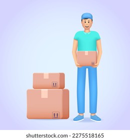 Parcel boxes and delivery man icon. Safe delivery, fast shipping, courier service. 3d vector icon for web site, banner, landing page, print. Package and character three dimensional illustration.