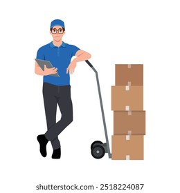 Parcel boxes and delivery man standing with clipboard. Flat Vector character illustration