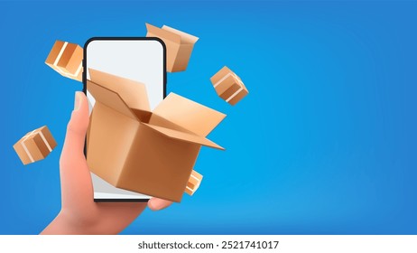 parcel boxes display on smartphone screen and floating around on the air,vector 3d isolated on background Transportation Concept