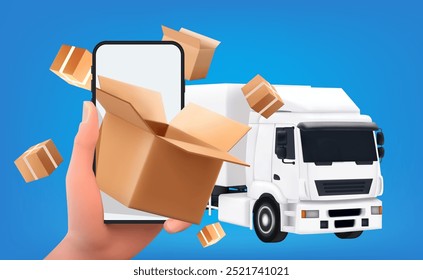 caixa de encomendas exibir na tela do smartphone e flutuando ao redor no ar, vetor 3d isolado no plano de fundo Transporte Conceito