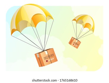 Parcel boxes flying on parachutes. Delivery services, Online order, Cargo transportation concept. Vector illustration for poster, banner, advertising.