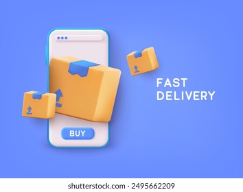 Parcel boxes on smartphone screen. online delivery service or shipping and global logistic concept. 3D Web Vector Illustrations.