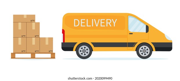 Parcel boxes on a wooden pallet and yellow delivery machine. Flat vector illustration eps 10
