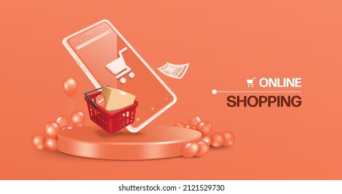 Cajas de paquetes e íconos de confirmación de pedidos en carritos de compras rojos y teléfonos móviles flotando en podios redondos y recibos flotando a su lado, vector 3d aislado en fondo pastel naranja para 