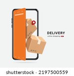 Parcel boxes are piled up in front of smartphone screen that resembles an opening door to convey delivery of goods to customers to front of the house with online shopping platform,vector 3d isolated