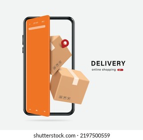 Parcel boxes are piled up in front of smartphone screen that resembles an opening door to convey delivery of goods to customers to front of the house with online shopping platform,vector 3d isolated