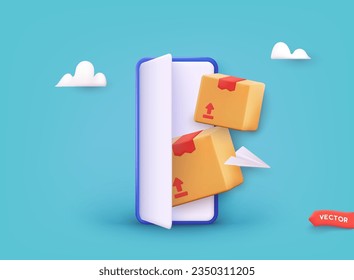 Parcel boxes are piled up in front of smartphone screen. Delivery to customers. Online shopping concept. style. 3D Web Vector Illustrations.