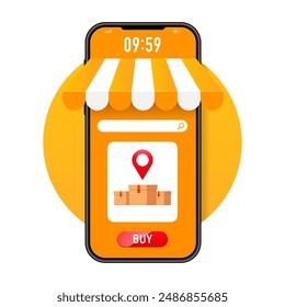 Parcel boxes are piled up in front of smartphone screen. Parcel delivery. Fast delivery concept. Smart business marketing concept. Vector illustration