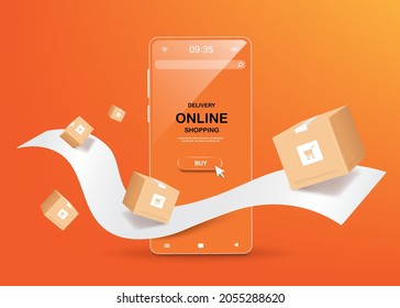 Parcel boxes and receipt paper floated in the air. clear glass smartphone face and has a cursor pointing to buy icon on the smartphone screen,vector 3d on orange background for online shopping concept