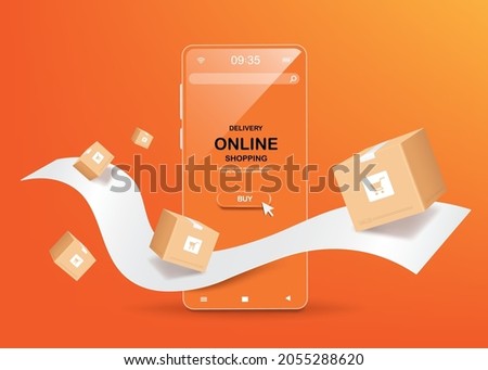 Parcel boxes and receipt paper floated in the air. clear glass smartphone face and has a cursor pointing to buy icon on the smartphone screen,vector 3d on orange background for online shopping concept
