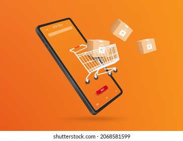 Parcel boxes and shopping carts float on the smartphone screen and all object on orange background for online shopping concept design,vector 3d for advertising design