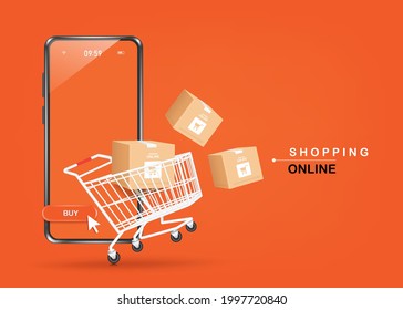 Parcel boxes, shopping carts, and smartphones were floating above the ground and all object on orange background for shopping online concept design,vector 3d for advertising design