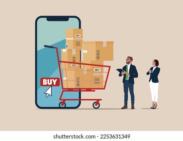 Parcel boxes, shopping carts, and smartphones for shopping online. Flat vector illustration.