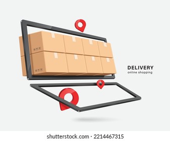 Parcel boxes are stacked and crammed in laptop computer screen and there are delivery pins for customers placed around it to convey of online shopping on computer website,vector 3d isolated
