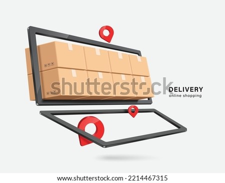 Parcel boxes are stacked and crammed in laptop computer screen and there are delivery pins for customers placed around it to convey of online shopping on computer website,vector 3d isolated