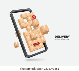 Parcel boxes are stacked and floating on smartphone screen and there's place pin icon and buy icon on front,vector 3d isolated on white background for delivery,logistics and online shopping concept