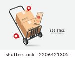 Parcel boxes are stacked on top of each other on cart and have pegs to place deliveries to customer and there smartphone with shopping basket icon on screen floating in front,vector 3d for logistics