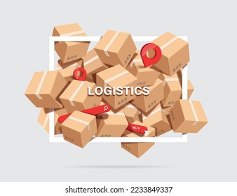 Parcel boxes are stacked on top of each other in white square frame and have a buy icon,search bar,pin location icon place intermingled with box,vector 3d for logistics,delivery and online shopping