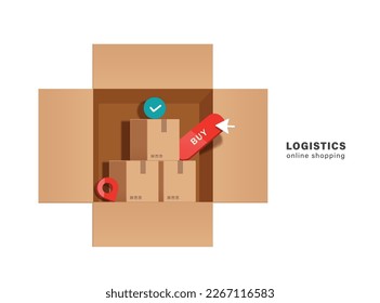 Parcel boxes are stacked,pin location,confirm icon,buy button 
all place in big cardboard box that opens,vector 3d isolated on white background for logistics,delivery,online shopping concept design