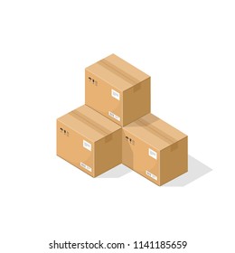 Parcel boxes vector illustration, warehouse parts, cardboard cargo shipment boxes, package paper box flat cartoon isometric isolated