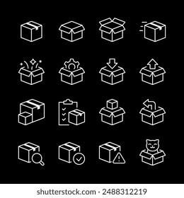 Parcel boxes, white line icons. Open and closed packages, shipping symbols, including gears, arrows, and checklists. logistics and delivery visuals. Symbols on black background. Editable stroke.