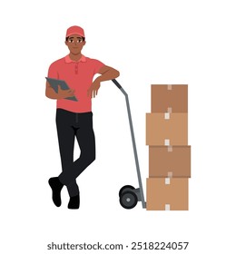 Parcel boxes and young delivery man standing with clipboard. Flat Vector character illustration