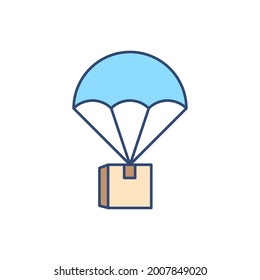 Parcel by parachute flat line icon. Vector illustration